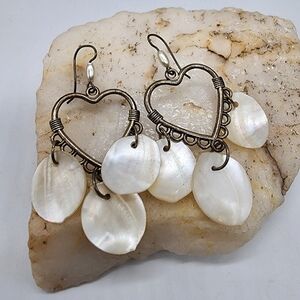 Vintage Silver Earrings White Mother Of Pearl Stone Chandalier Dangling Boho